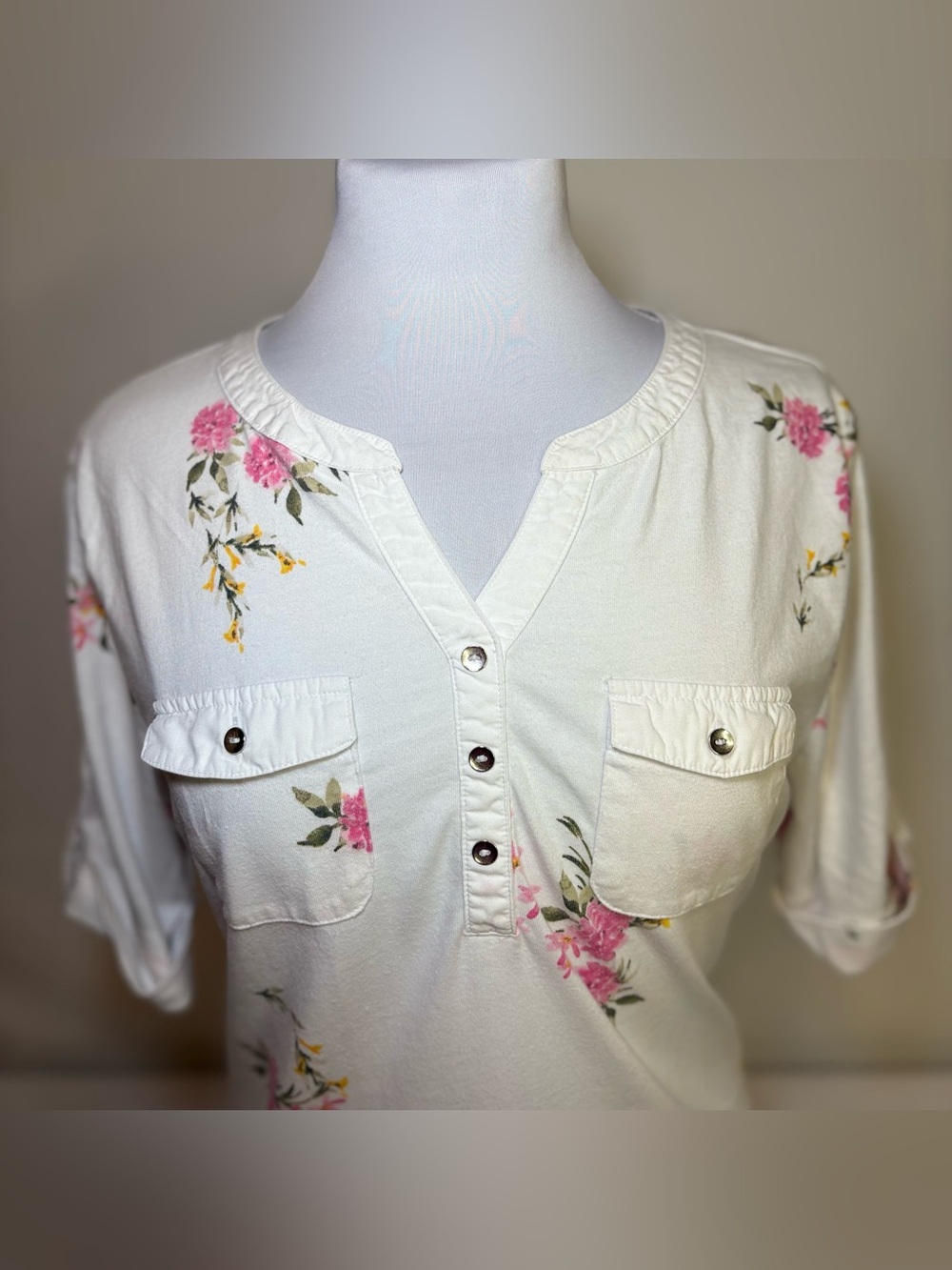 croft & barrow Cream Floral Button Henley Tunic
